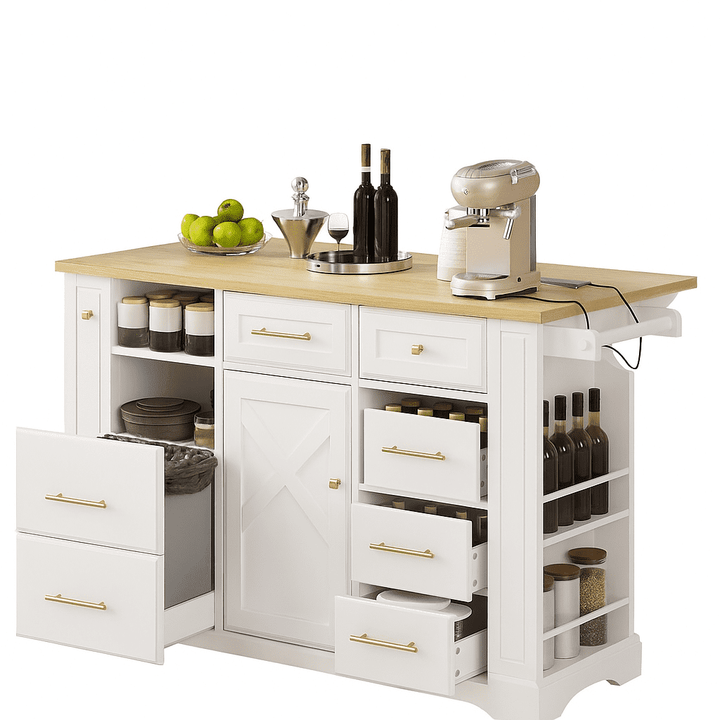 K&K Kitchen Island with 6 Drawers, Pull Out Trash Can Storage, Rolling ...