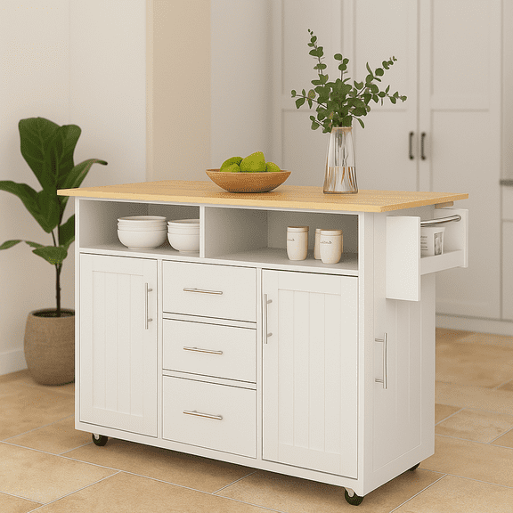 K&K Kitchen Island with Drop Leaf, Kitchen Storage Cart with 3 Tier Pull Out Cabinet Organizer, Internal Storage Rack, Rolling Kitchen Cart on Wheels with Towel Rack, 2 Drawers, for Kitchen, White