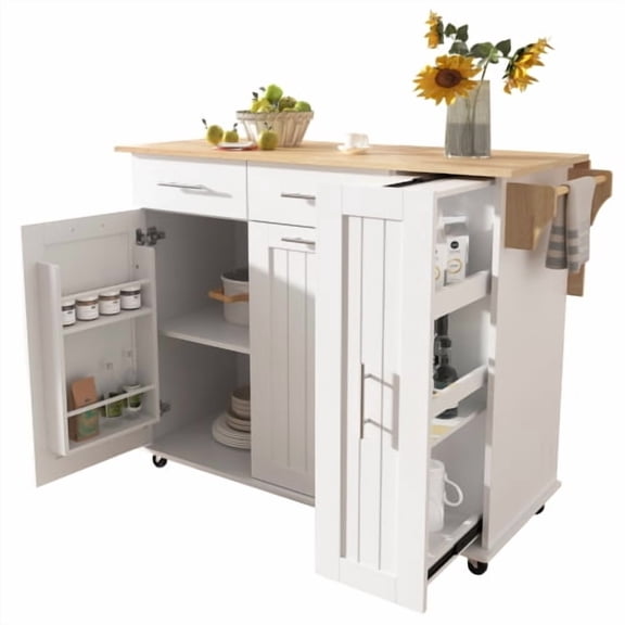 K&K Kitchen Island with Drop Leaf, Kitchen Storage Cart with 3 Tier Pull Out Cabinet Organizer, Internal Storage Rack, Rolling Kitchen Cart on Wheels with Towel Rack, 2 Drawers, for Kitchen, White