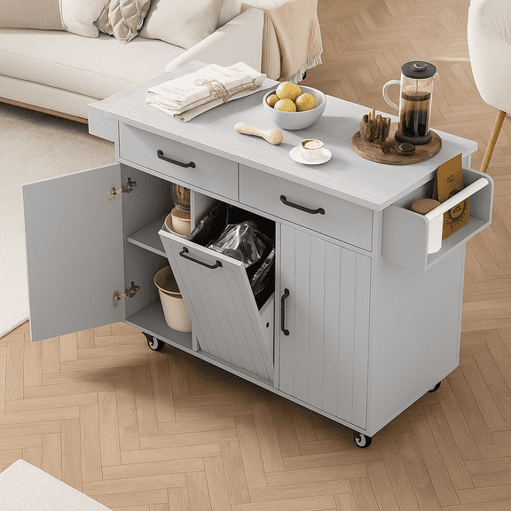 K&K Kitchen Island with Trash Can Storage Cabinet, Kitchen Cart with Drop Leaf, Spice Rack, Towel Rack and Drawer, Rolling Kitchen Island on Wheels with Adjustable Shelf, Grey