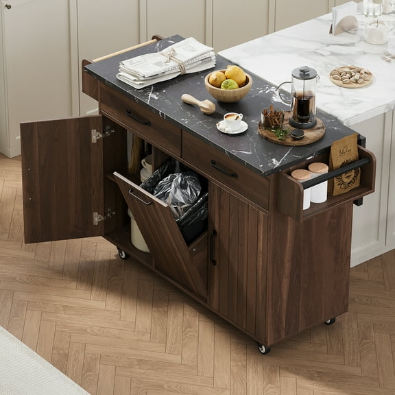 K&K Kitchen Island with Trash Can Storage Cabinet, Kitchen Cart with Drop Leaf, Spice Rack, Towel Rack and Drawer, Rolling Kitchen Island on Wheels with Adjustable Shelf, Walnut Brown