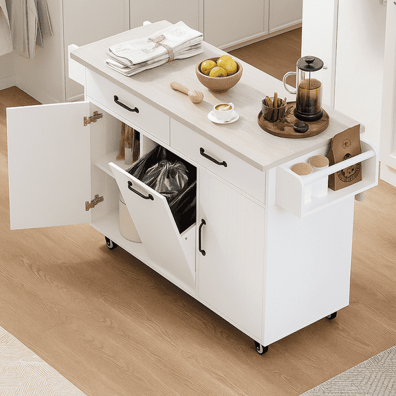 K&K Kitchen Island with Trash Can Storage Cabinet, Kitchen Cart with Drop Leaf, Spice Rack, Towel Rack and Drawer, Rolling Kitchen Island on Wheels with Adjustable Shelf, White