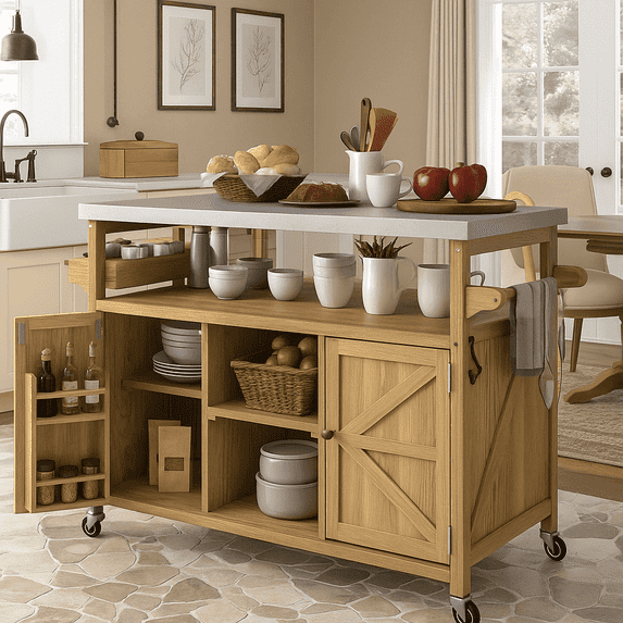 K&K Outdoor Kitchen Island, Rolling Bar Cart & Storage Cabinet, Farmhouse Solid Wood Outdoor Grill Table with Stainless Steel Top, Spice Rack , Towel Rack for Kitchen & BBQ , Natural
