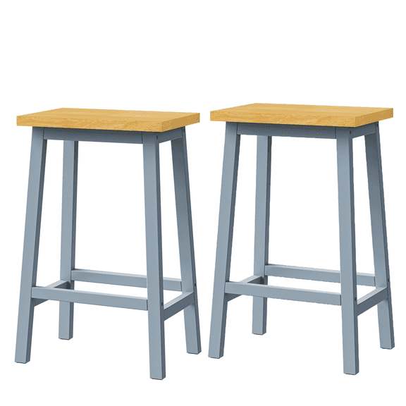K&K Solid Wood Bar Stools Set of 2, 25.6" Counter Height Kitchen Chairs with Footrests, Coastal Farmhouse Style, Grey Blue Painted Finish, Durable Pine Wood Frame