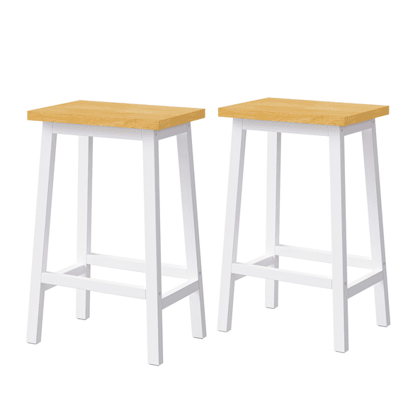 K&K Solid Wood Bar Stools Set of 2, 25.6" White Farmhouse Kitchen Counter Chairs with Footrests, Pine Wood, Coastal Style, Dining Room & Home Bar Seating.