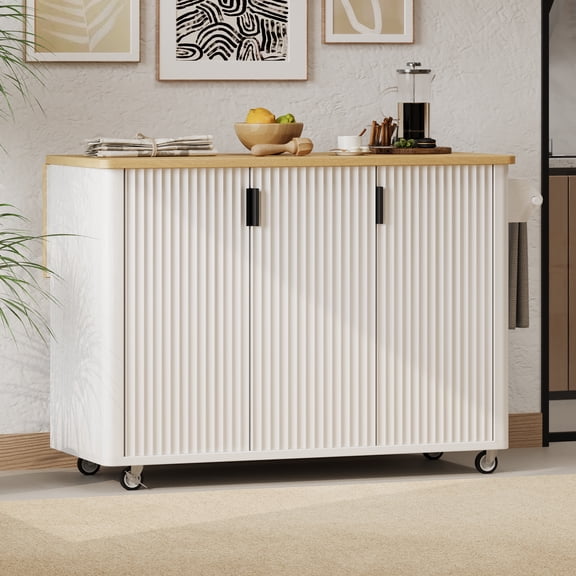 K&K White Ash Fluted Rolling Kitchen Island, MDF Pine Cart with Drop Leaf & Storage Racks, 1 Pack, 51.3"W x 17.7"D x 30.1"H