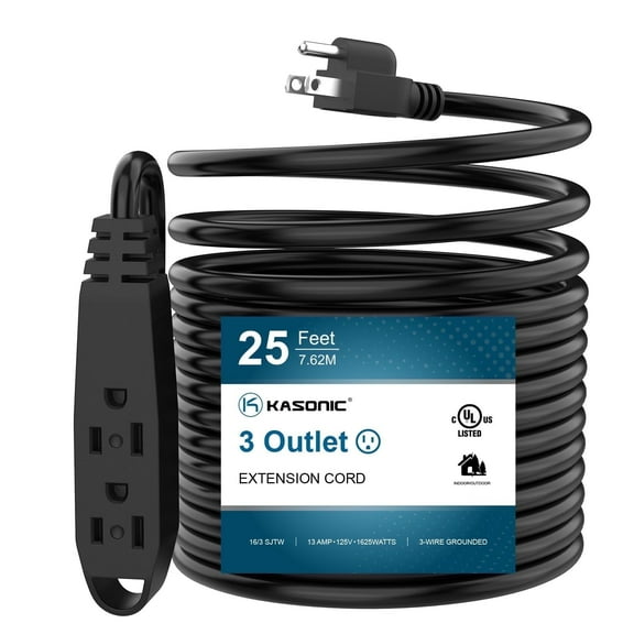 K KASONIC 25 FT Extension Cord with Flat Plug, 16/3 Awg 3 Prong Grounded Power Cable with 13A 125V 1625W, Multi-Outlet Indoor/Outdoor Use, UL Listed, Black