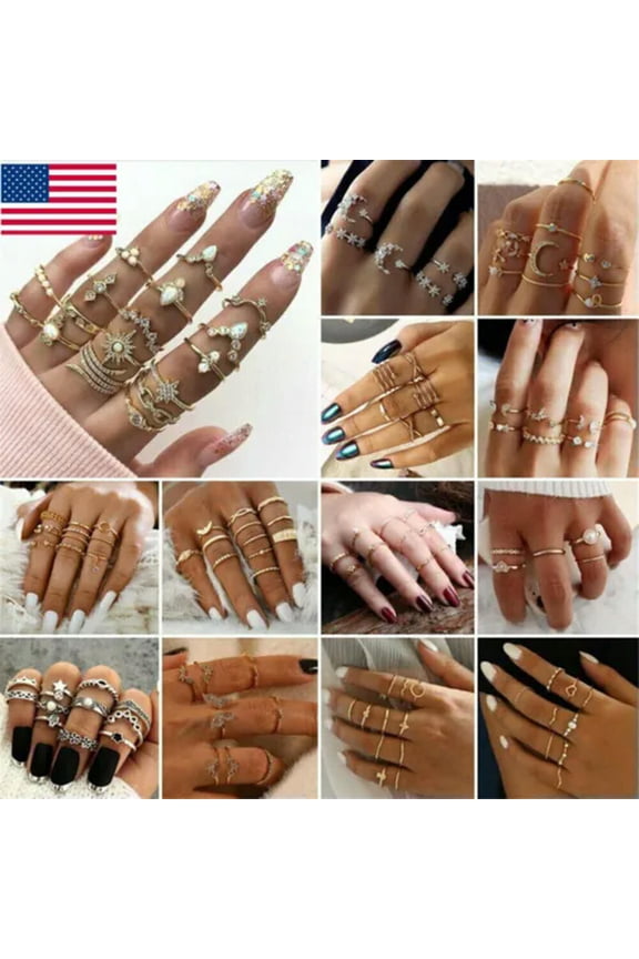 1-10Pcs Gold Crystal Butterfly Moon Star Rings Set Knuckle Women Delicate Jewelry Gift US-#21 2Pcs/Set