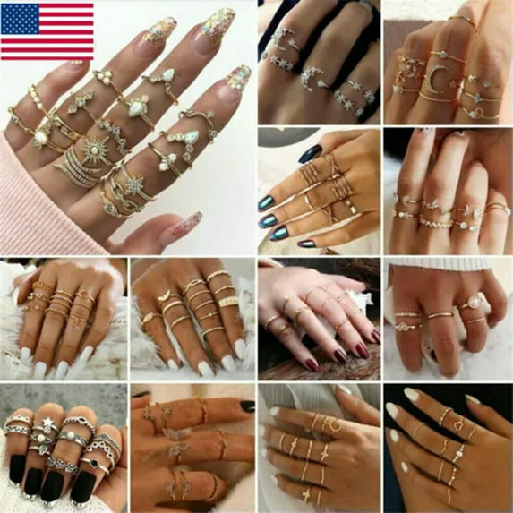 K-KED 1-10Pcs Gold Crystal Butterfly Moon Star Rings Set Knuckle Women Delicate Jewelry Gift US-#4 3Pcs/Set
