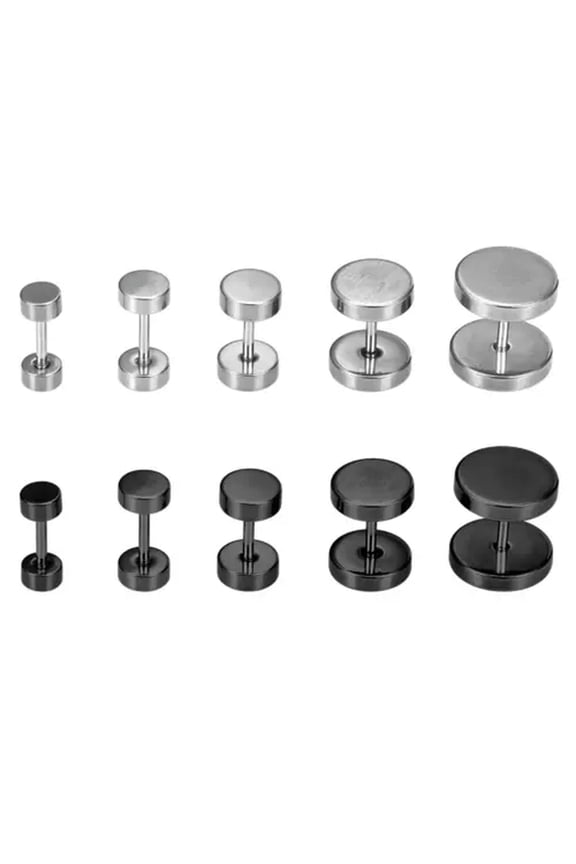 1/5Pair Black Flat Round Barbell Plug Earrings Stainless Steel Dumbbell Ear Stud-5mm-Black-5pairs