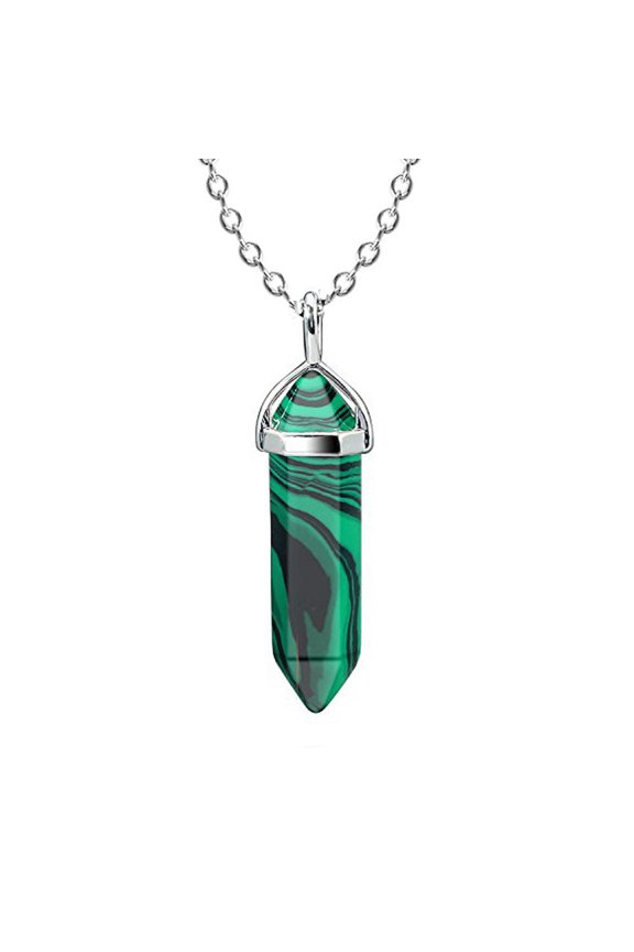 1 PCS Natural Stone Hexagonal Crystal Pendant Necklace Multiccolor Sweater Chain-malachite