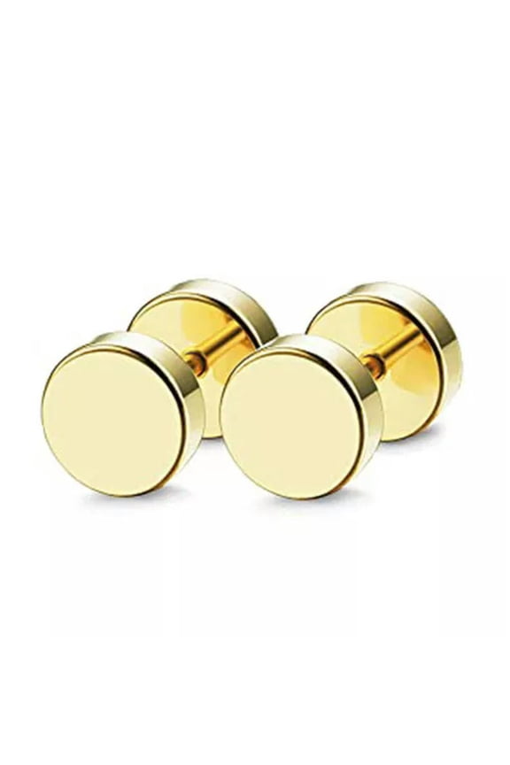 1 Pair Round Barbell Stainless Steel Men Women 8-12mm Dumbbell Ear Stud Earrings-Gold-14mm