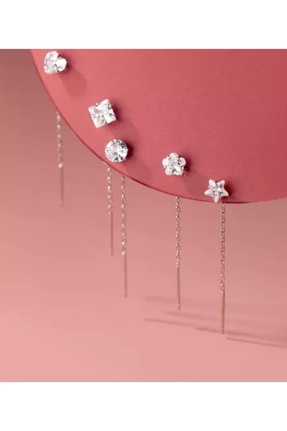 1 Pair Small 925 Sterling Silver Crystal Pull Through Threader Earrings-HEART