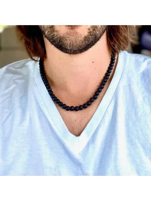 10+8mm Tiger Eye Hematite Obsidian Stone Triple Protection Vintage Mens Necklace-Lava (8 mm )-75 cm/30 inch