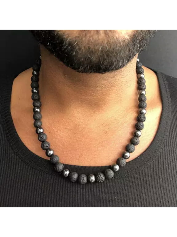 10+8mm Tiger Eye Hematite Obsidian Stone Triple Protection Vintage Mens Necklace-Lava+Hematite (8+10mm )-75 cm/30 inch