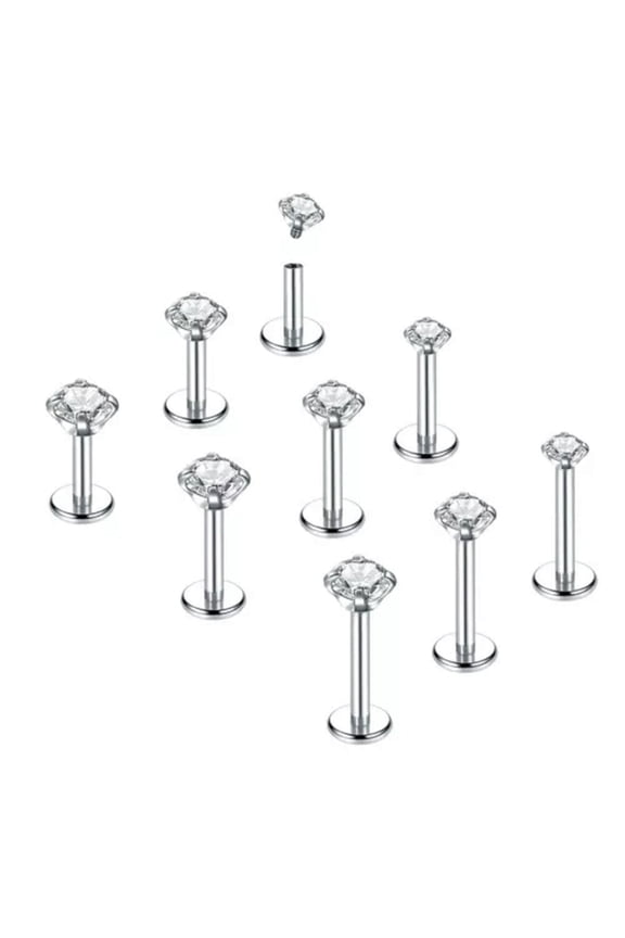 10 PCS 16G Labret Lip Stud Shiny CZ Zirconia Earring Bar Tragus Body Piercing-16G(1.2mm)x6mmx4mm