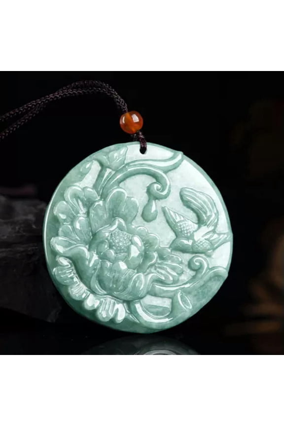 100% Jade Natural / Jadeite Pendant Women Lucky Peony Flower Magpie Pendant
