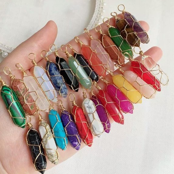 K-KED 100pcs Mixed Natural Stone Pillar Shape Handmade Golden Iron Wire Pendants