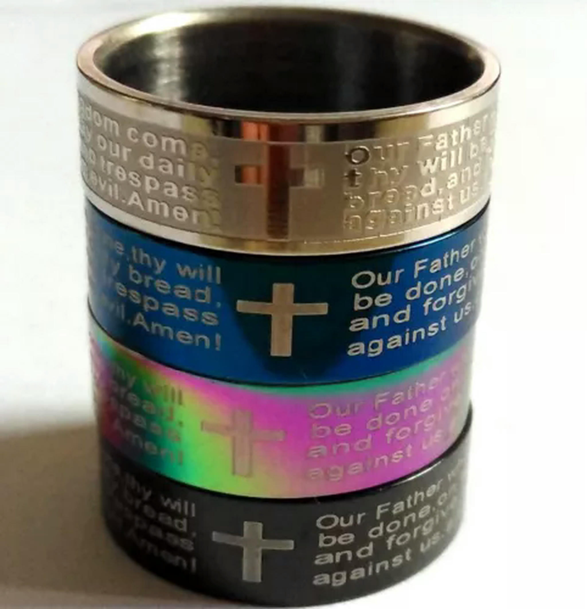 K-KED 100pcs TOP mix LORDS PRAYER ring Mens Jesus Cross 316L Stainless ...