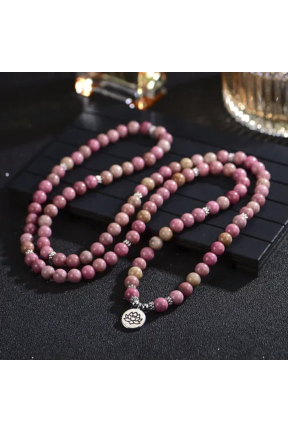 108 Round Beads Prayer Mala Rhodochrosite Necklace Healing Meditation Bracelet-default