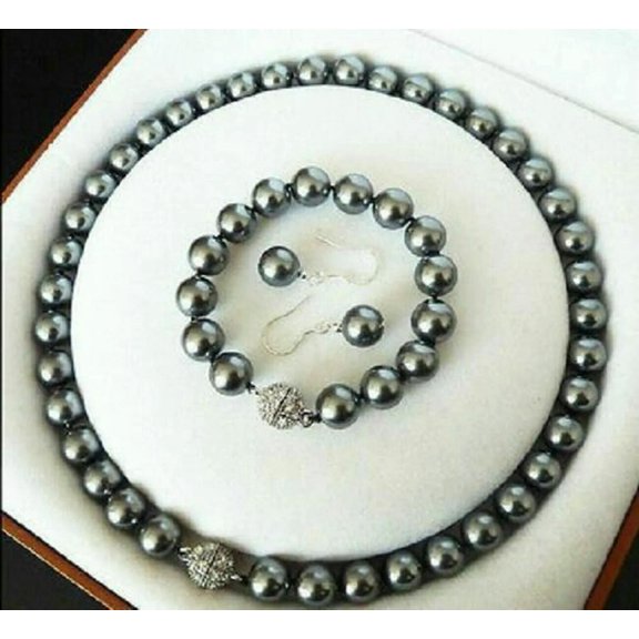 K-KED 10MM DARK GRAY SOUTH SEA SHELL PEARL ROUND NECKLACE BRACELET EARRINGS SET