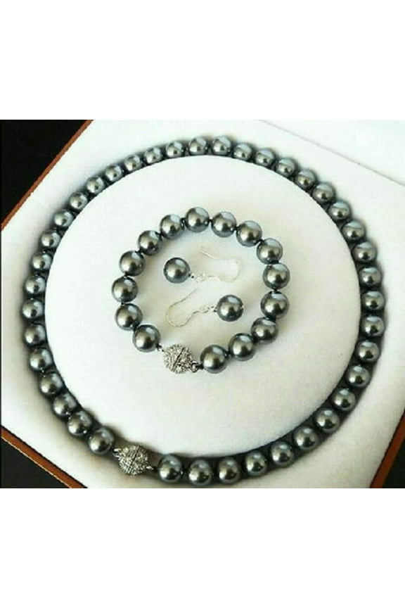 10MM DARK GRAY SOUTH SEA SHELL PEARL ROUND NECKLACE BRACELET EARRINGS SET
