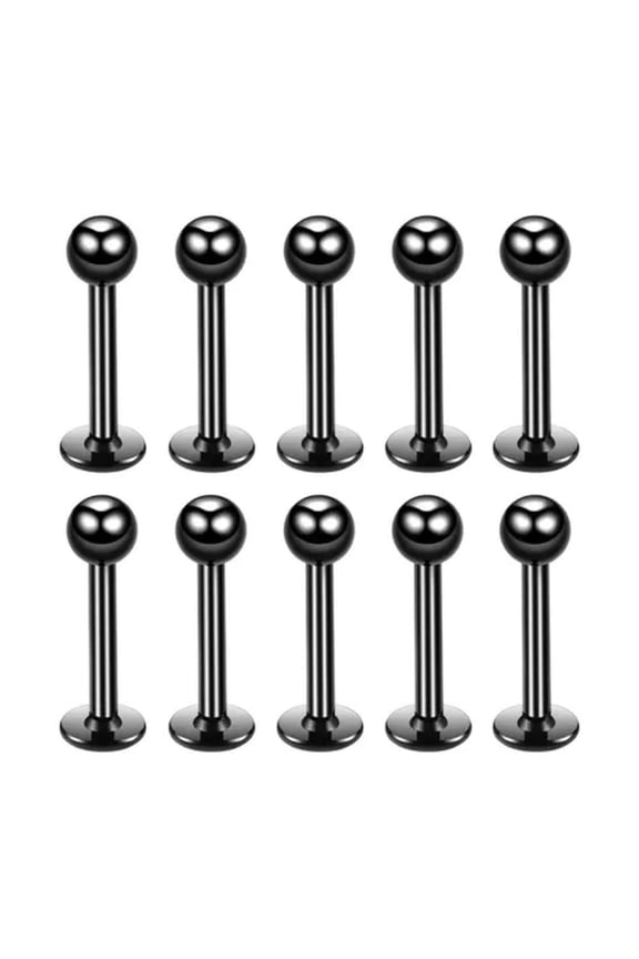 10PCS Stainless Steel Labret Monroe Flat Back Lip Stud Earrings Body Piercing-1.2x8x3mm-Black-Ball-10pcs