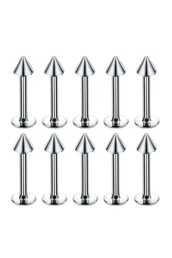 10PCS Stainless Steel Labret Monroe Flat Back Lip Stud Earrings Body Piercing-1.2x8x3mm-Silver-Spike-10pcs