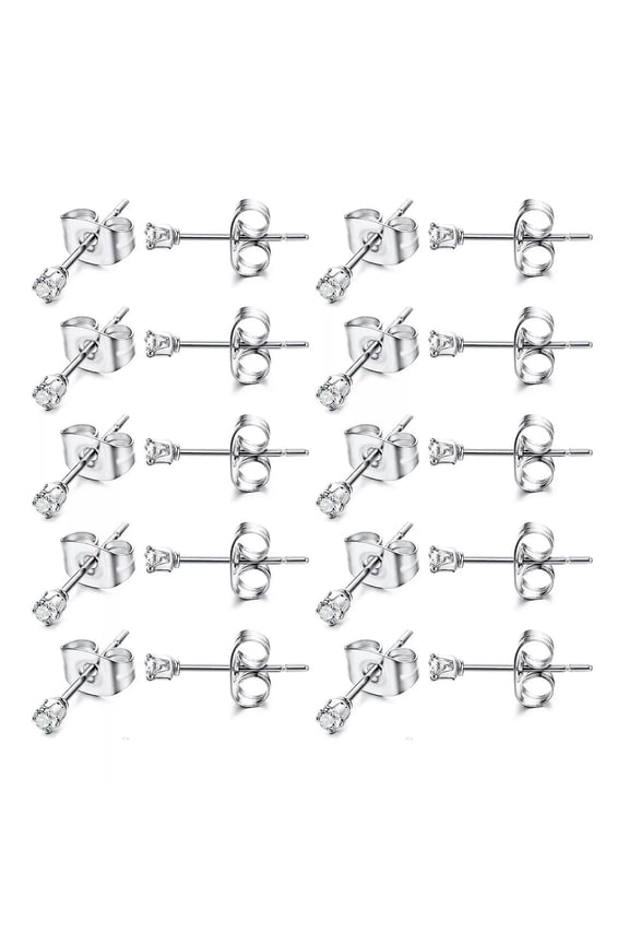 10 Pairs Stainless Steel 2mm Tiny Stud Earrings Mens Womens CZ Stud Earrings Set-default
