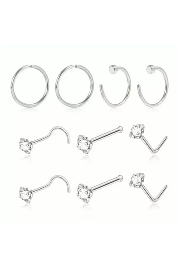 10Pcs 20G Nose Rings Studs Set Stainless Steel CZ Zircon Nostril Body Piercing-Silver set
