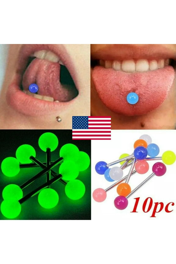 10Pcs Glow In Dark and Glitter Ball Tongue Ring Nipple Barbells Jewellery US