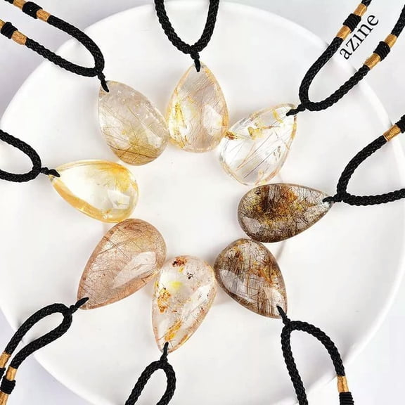 K-KED 10Pcs Wholesale Natural Gold Rutilated Quartz Crystal Droplet Pendant Necklace