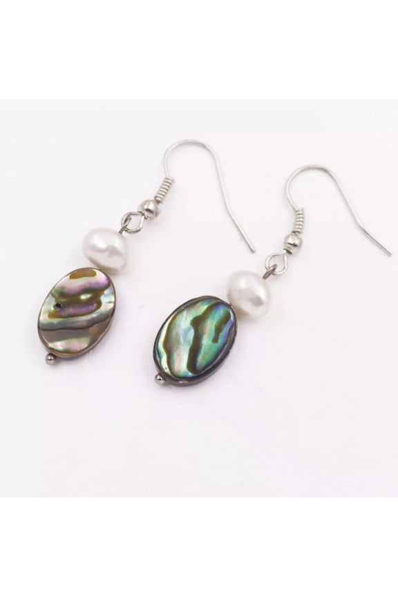 10X14mm Flat Oval Natural Paua Abalone Shell White Pearl Drop/Dangle Earring
