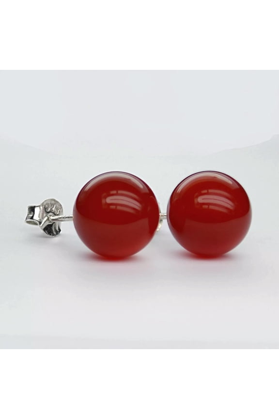 10mm GENUINE RED JADE BEAD / BALL 925 STERLING SILVER STUD EARRINGS AAA