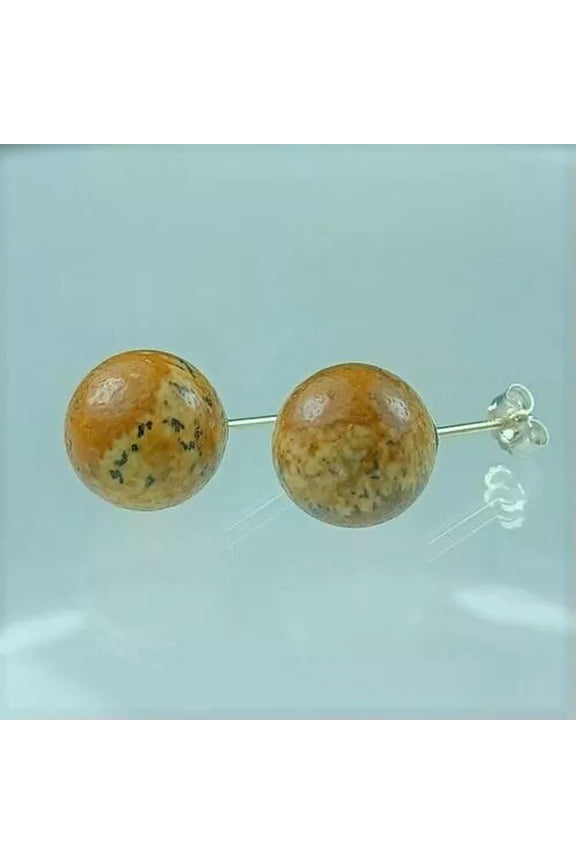 10mm PICTURE JASPER BEAD / BALL 925 STERLING SILVER EAR STUD EARRINGS