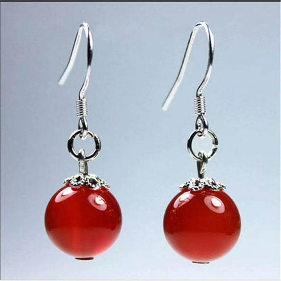 K-KED 10mm Red Jade Gemstone Tibet Silver Eardrop Earrings Ear Stud Classic