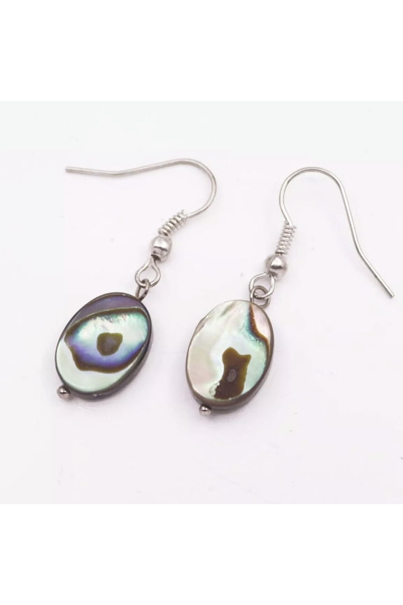 10mmX14mm Flat Oval Natural Paua Abalone Shell Drop Dangle Hook Earring 1.2"