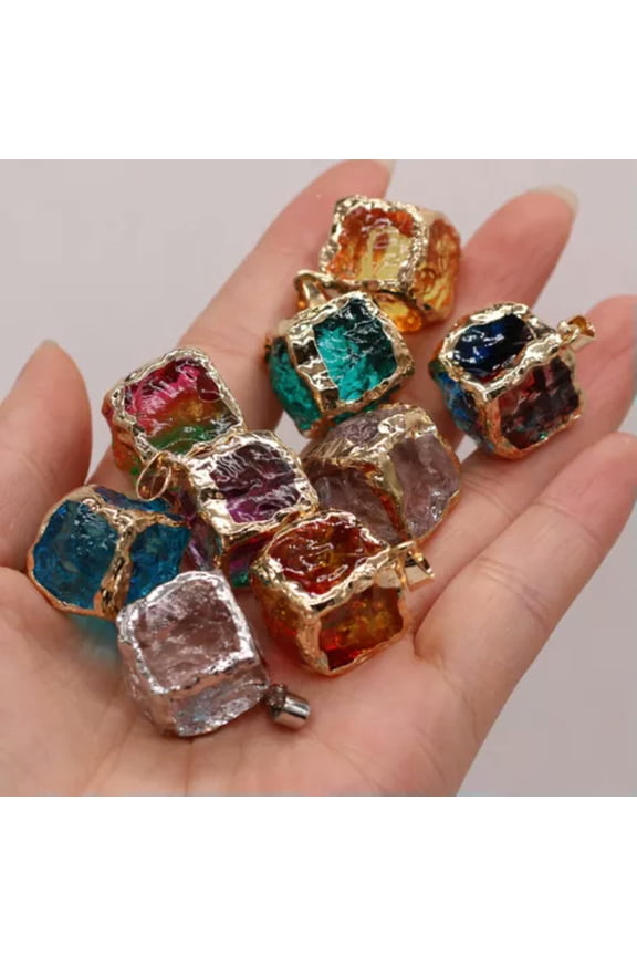 10pcs 25mm Square Rainbow Multicolor Glass Crystal Chakra Rock Stone Pendants-Mix Color-25x25mm
