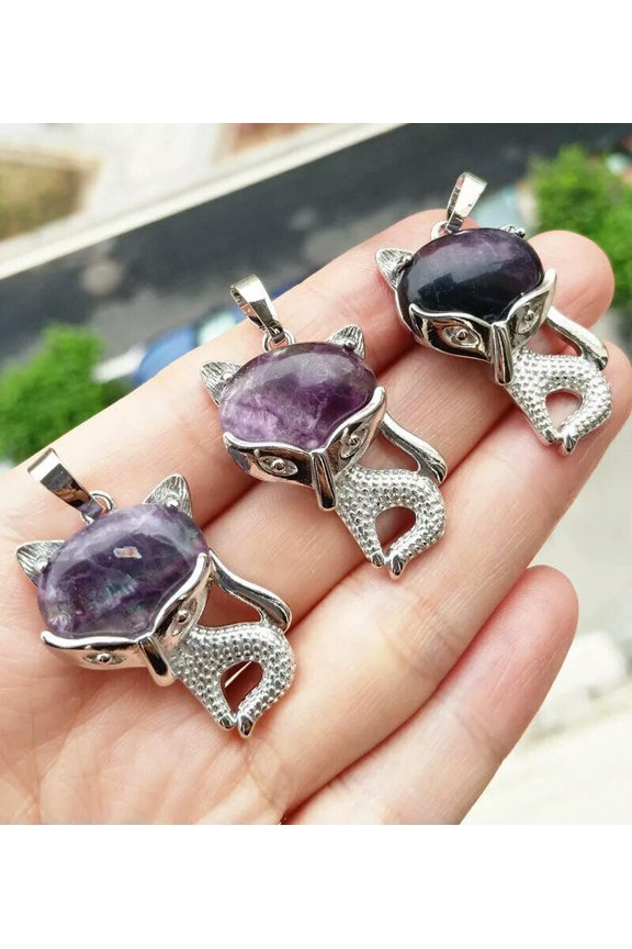 10pcs Fluorite Gems Stone Fox Pendants Chakra Reiki Healing Amulet