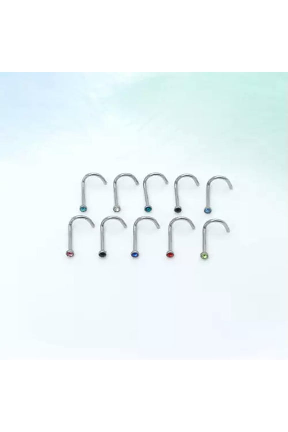 10pcs Gem Bone Nose Studs Colorful Crystal Screw Nostril Ring Piercing Jewelry-Multicolor