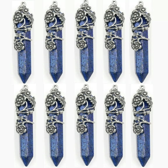 K-KED 10pcs Lapis Lazuli Stone Hexagonal Prism Healing Point Pendant DIY Necklace