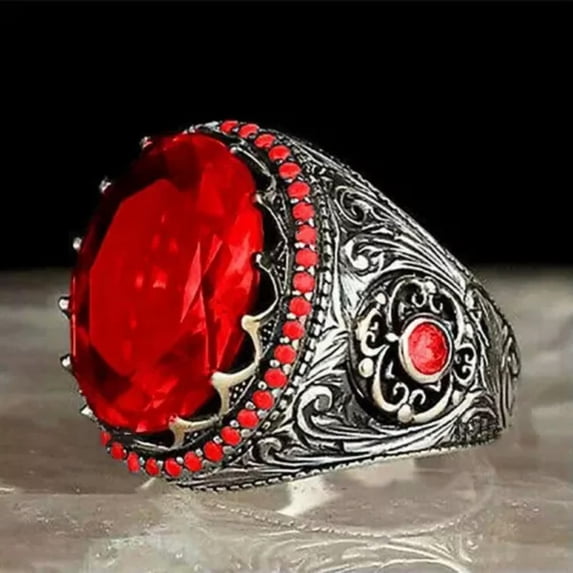 K-KED 10pcs Men's Women Vintage Charm Ring Wholesale Mixed Lots Gemstone Stone Ring-AJZ1800Red-Size#8