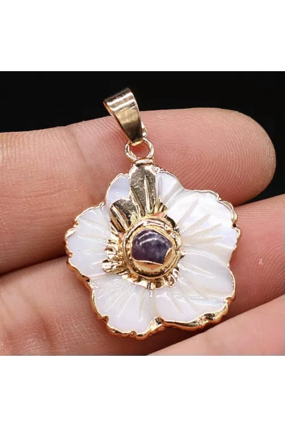 10pcs Natural Amethyst Stone Gems Flowers Reiki Heal White Shell Pendants-Amethyst