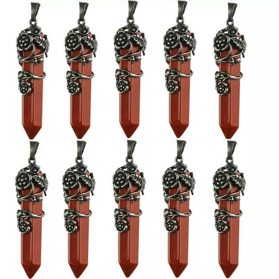 K-KED 10pcs Natural Red Jasper Stone Hexagonal Prism Healing Point Pendant DIY