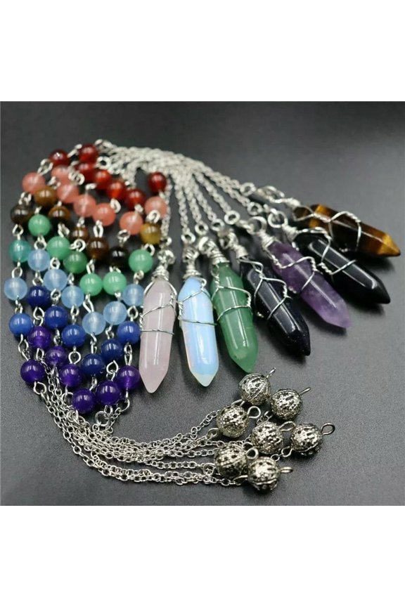 10pcs Natural Stone Pendulum Chain Chakra Crystal Reiki Healing Pendant Jewelry