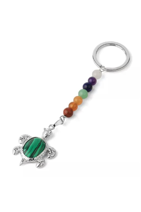 10pcs Natural Stones Keychains 7 Chakra Turtle Pendant Bead Tortoise Keyring -Malachite