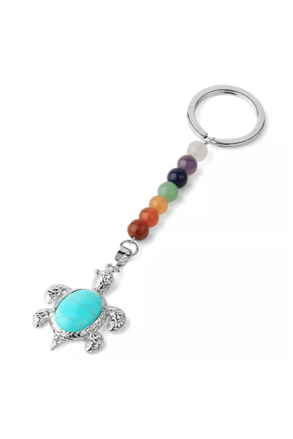 10pcs Natural Stones Keychains 7 Chakra Turtle Pendant Bead Tortoise Keyring -Turquoise