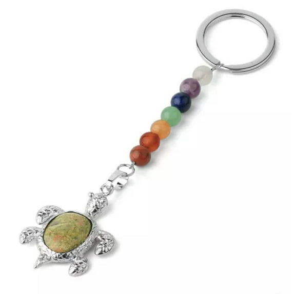 K-KED 10pcs Natural Stones Keychains 7 Chakra Turtle Pendant Bead Tortoise Keyring -Unakite
