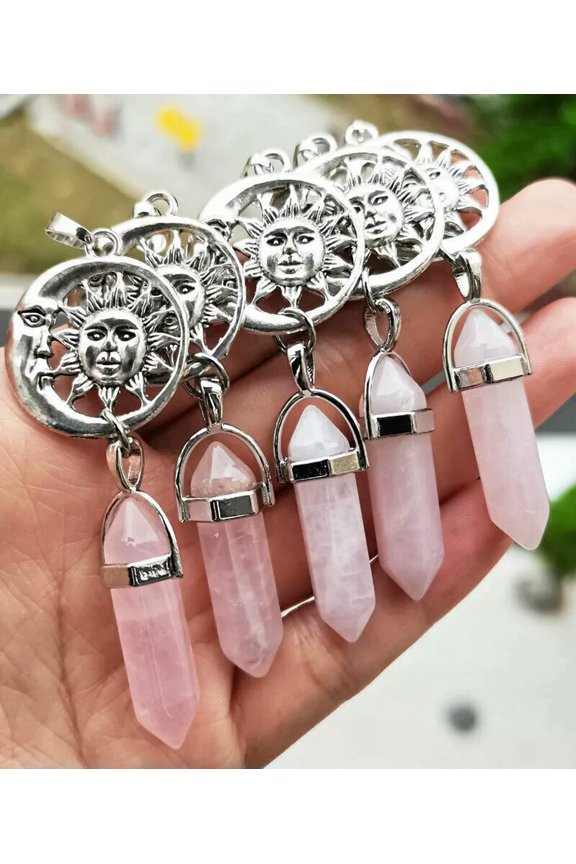 10pcs Rose Quartz Gems stone Moon Sun Pendants Chakra Reiki Healing Amulet