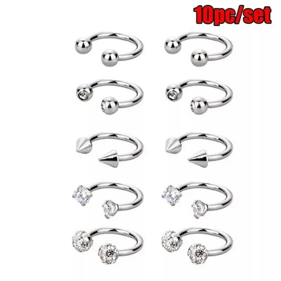 K-KED 10pcs Set Horseshoe Piercing Hoop Lip Ring Nose Septum Tragus Cartilage Earring-default